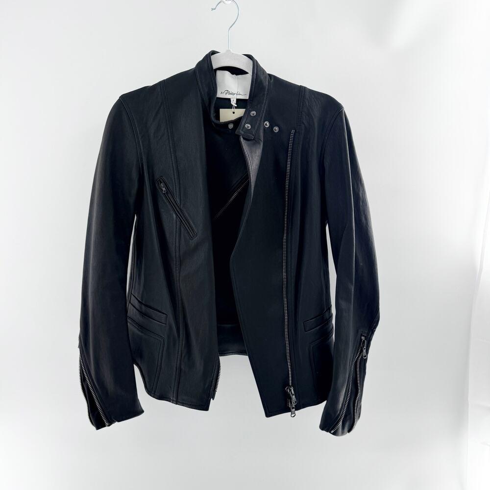 3.1 Phillip Lim Lamb Leather Asymmemtric Zip Up Biker Jacket Black Womens Size 4